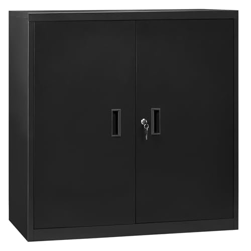 Woltu Armoire de rangement avec étagère réglable - Armoire en métal avec serrure - Noir - 90 x 92 x 40 cm