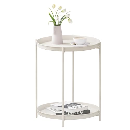 Table d'appoint ronde Woltu avec 2 étagères amovibles - Métal, Crème - Ø44 cm, Hauteur 57 cm