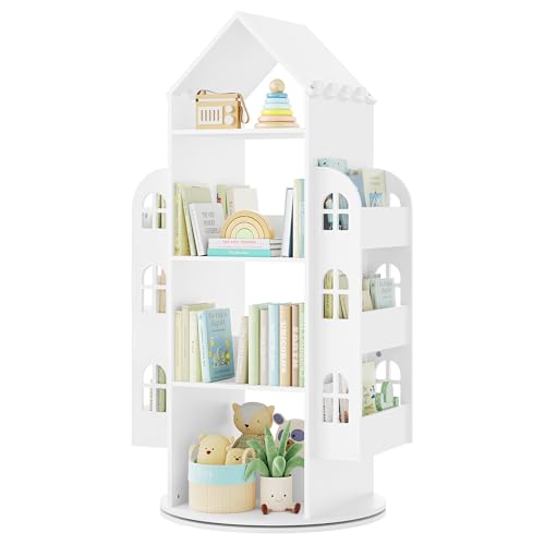 Woltu Bibliothèque pour enfants blanche à 4 niveaux avec 2 étagères de rangement latérales Forme de la maison 63 x 59 x 125 cm