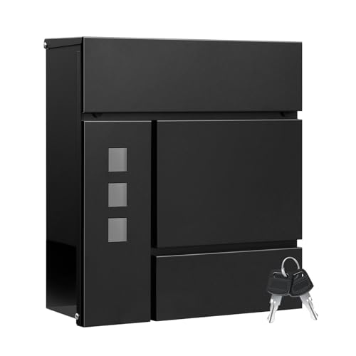 Boîte aux lettres extérieure Woltu avec 3 fenêtres transparentes et serrure - Noir - 37 x 10,5 x 37 cm
