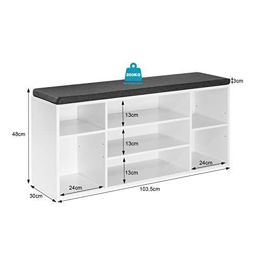 Woltu Shoe Bench with 7 Compartments - Rangement pour chaussures en bois avec siège et coussin - White with Grey - 103,5 x 48 x 30 cm