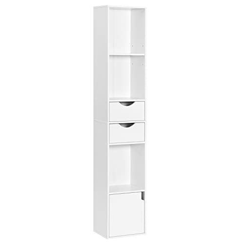 Woltu Bookcase SK028ws Modern - Armoire verticale en bois avec 3 compartiments ouverts, 2 tiroirs et 1 placard - Blanc - 30 x 24 x 158 cm