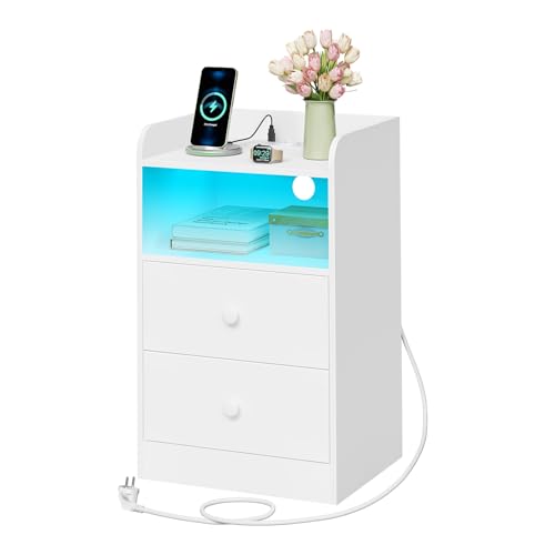 Woltu Table de chevet avec éclairage LED et prise Blanc 40 x 35 x 64 cm