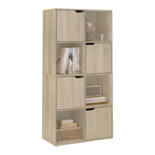 Woltu Bookcase SK039hei - Meuble de rangement avec 8 compartiments et 4 portes - Panneau de particules chêne clair - 60x30x120 cm