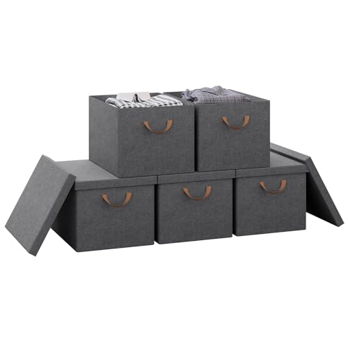 Boîte de rangement pliable Woltu avec couvercle et poignées, gris, 48 x 30 x 36 cm - Lot de 5