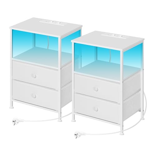 Table de nuit Woltu avec station de recharge et éclairage LED - Blanc - Lot de 2
