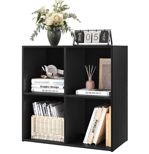 Woltu Bookcase with 4 Compartments - Low Storage Cabinet 59.6 x 29 x 59.8 cm - Multifunctional Wooden Cabinet - Scandinavian Design - Black