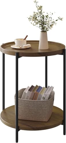 Woltu Table basse ronde avec 2 étagères - aspect bois vintage - MDF et métal - Ø 43,2 cm