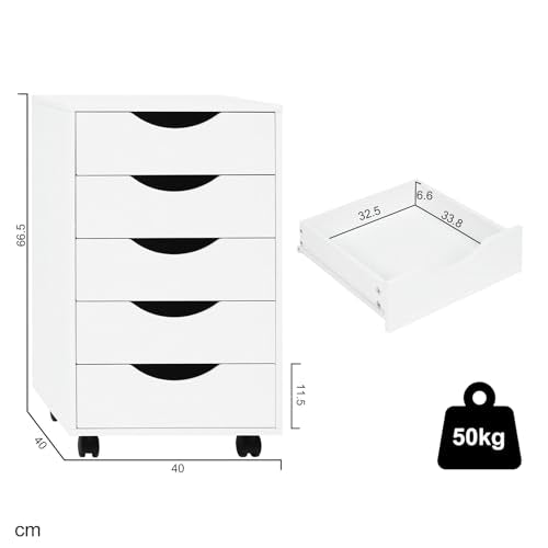 Woltu Armoire de bureau avec 5 tiroirs - Armoire de rangement mobile - Blanc - 40 x 40 x 66,5 cm