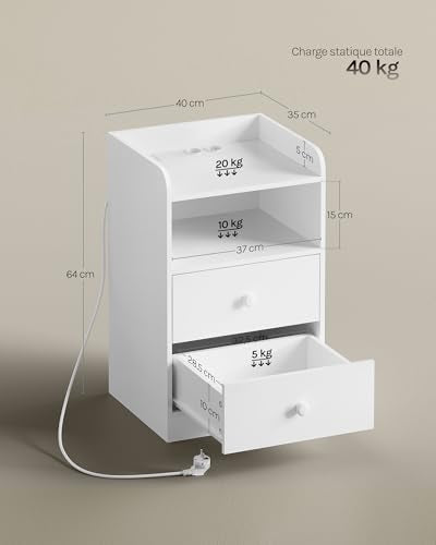Woltu Table de nuit avec station de recharge et éclairage LED blanc 40x35x64 cm