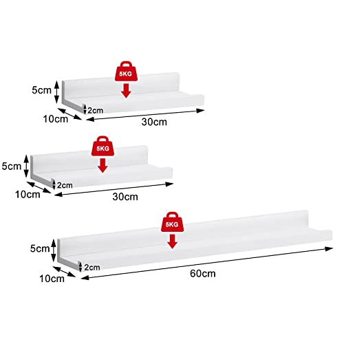 Woltu Set de 3 étagères murales flottantes - MDF blanc - 60 x 15 x 10 cm