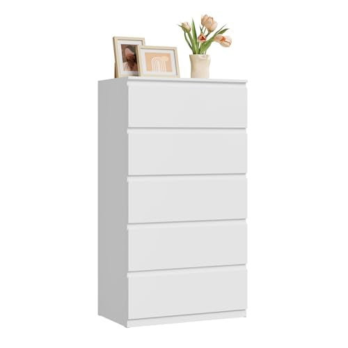 Commode Woltu 5 tiroirs blanc - Meuble de rangement spacieux pour le salon et la chambre 60 x 37 x 110 cm