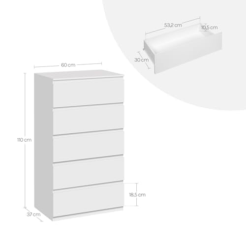 Commode Woltu 5 tiroirs blanc - Meuble de rangement spacieux pour le salon et la chambre 60 x 37 x 110 cm