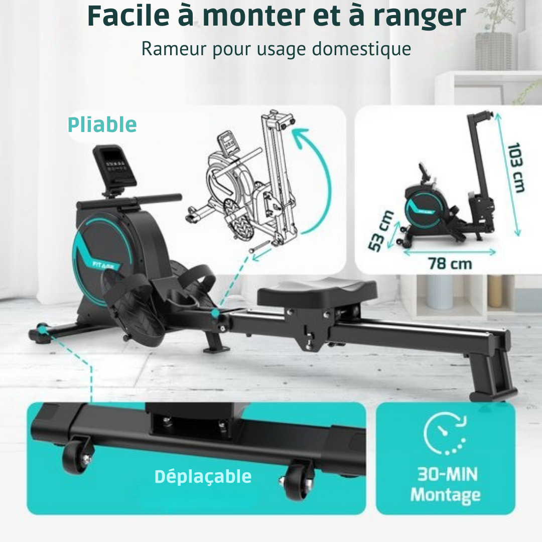 Rameur - FITAGE - 16 niveaux de résistance magnétique - Silencieux 15 dB - Pliable et ergonomique - Noir