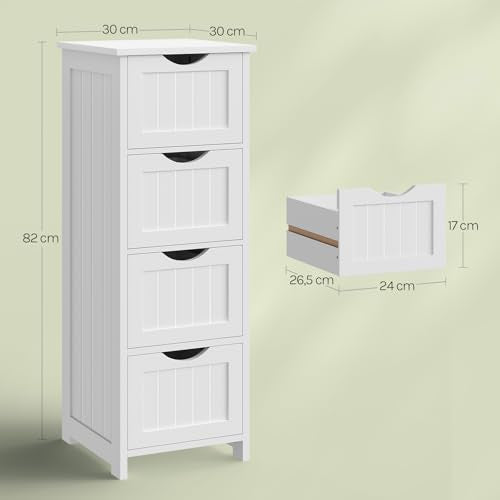 Woltu Bathroom Cabinet BZS07ws with 4 Drawers - MDF White - 30 x 30 x 82 cm Freestanding Storage Cabinet