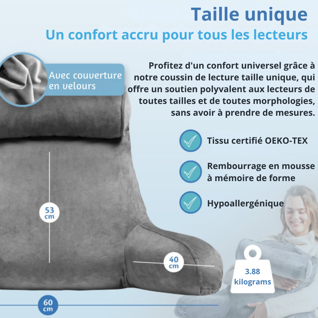 Coussin de lecture Ella® - Avec appui tête - Housse en velours - 50x60x40 cm - Anthracite