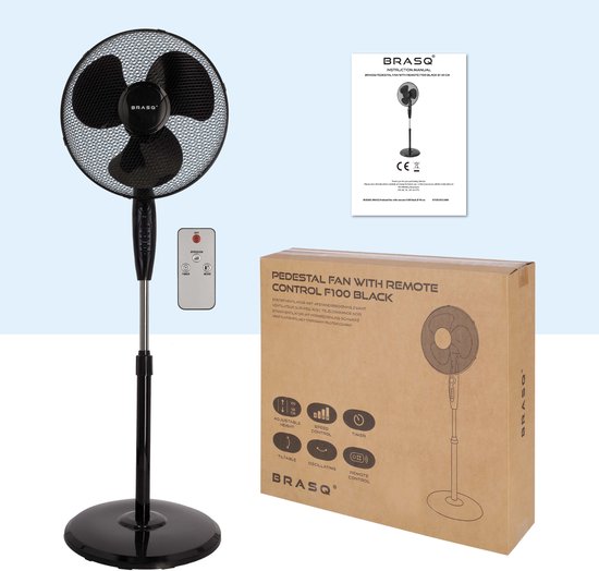 BRASQ Ventilateur trépied - 40 cm - Noir - Avec télécommande - Minuteur - Mode veille - Réglable en hauteur - Ventilateur silencieux - 40 Watts