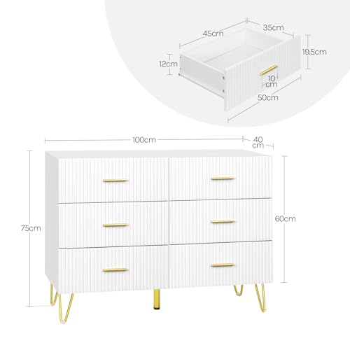 Commode Woltu avec 6 tiroirs Blanc avec pieds en métal doré 100 x 40 x 75 cm