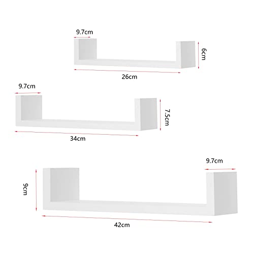 Woltu Wall Shelf Set U-shaped - MDF White - 3 Sizes : 26x9.6x6 cm, 34x9.6x7.5 cm, 42x9.7x9 cm