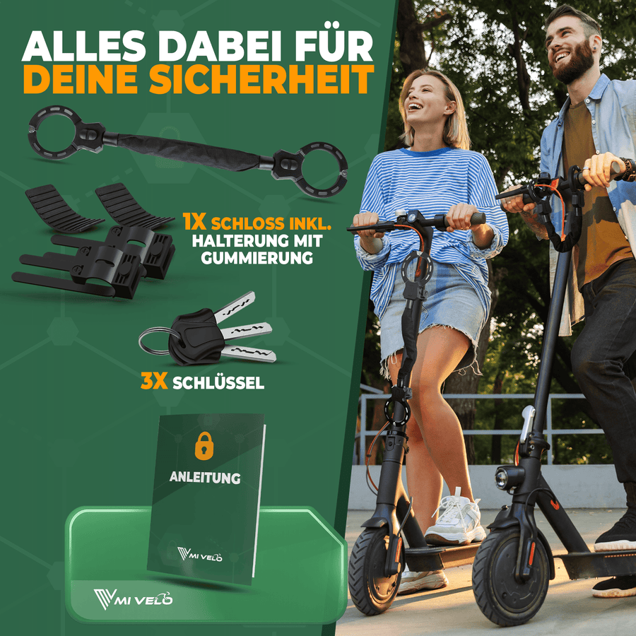 Antivol robuste pour trottinette électrique et vélo avec chaîne en acier trempé de 14 mm – 60 cm – Antivol à gant – Support et 3 clés inclus