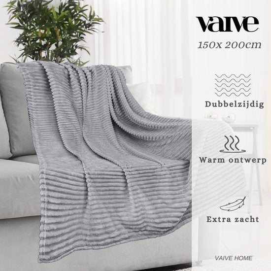 VAIVE Couverture polaire 150 x 200 cm - Super douce - Plaid pour Canapé, Lit ou Décoration de salon - Couvertures - Plaids - Couverture - Ribbed - Grey