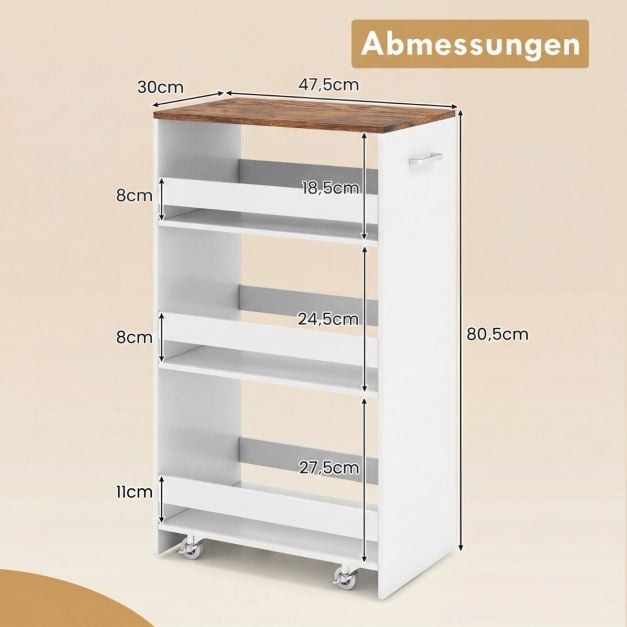 Chariot de cuisine Coast Smalle – Étagère à 4 niveaux avec poignée 47,5 x 30 x 80,5 cm – Blanc