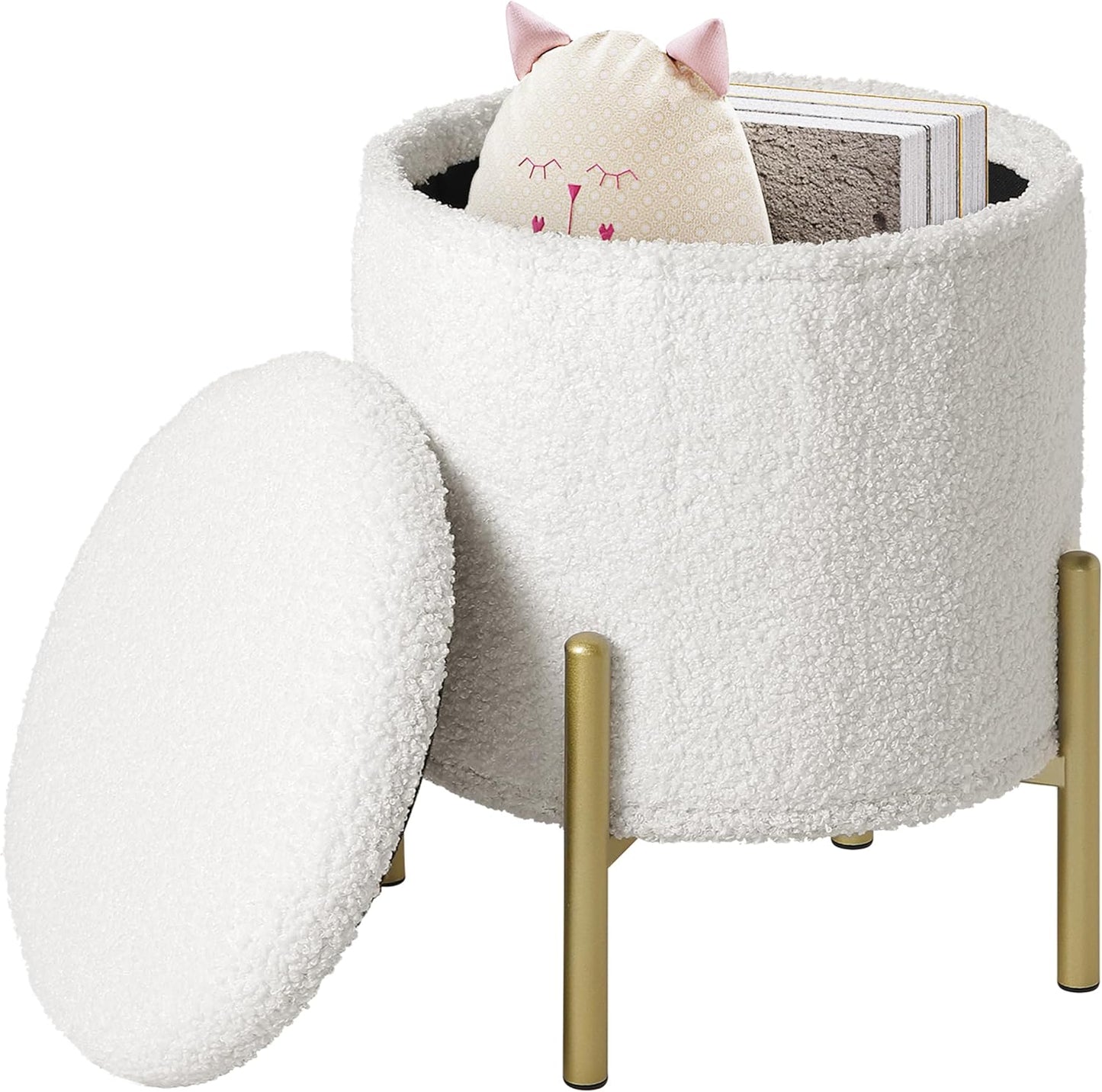 Tabouret de rangement eSituro rond - Polaire Teddy blanche - 35 x 41 cm