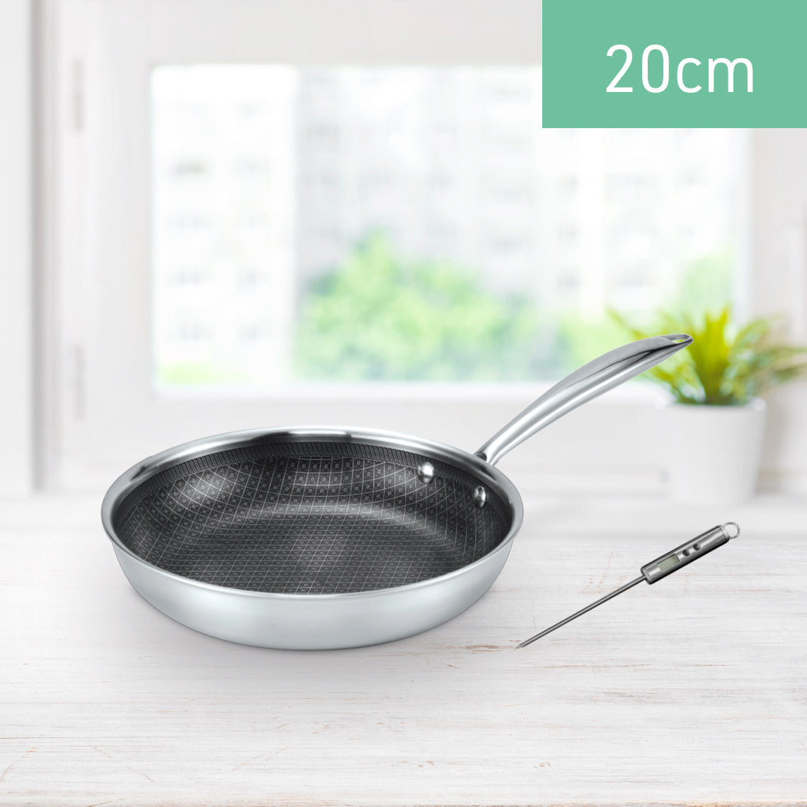 Casserole Livington Titan Pan 20 cm - Acier inoxydable avec revêtement antiadhésif diamanté - Thermomètre numérique inclus