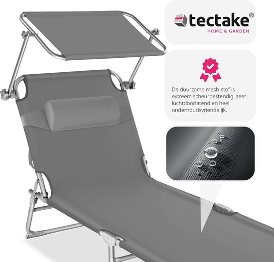tectake® - chaise longue, robuste, réglable, base en acier avec parasol, dossier à 4 positions avec coussin, chaise de plage Idéal pour le jardin, la piscine, le camping - gris
