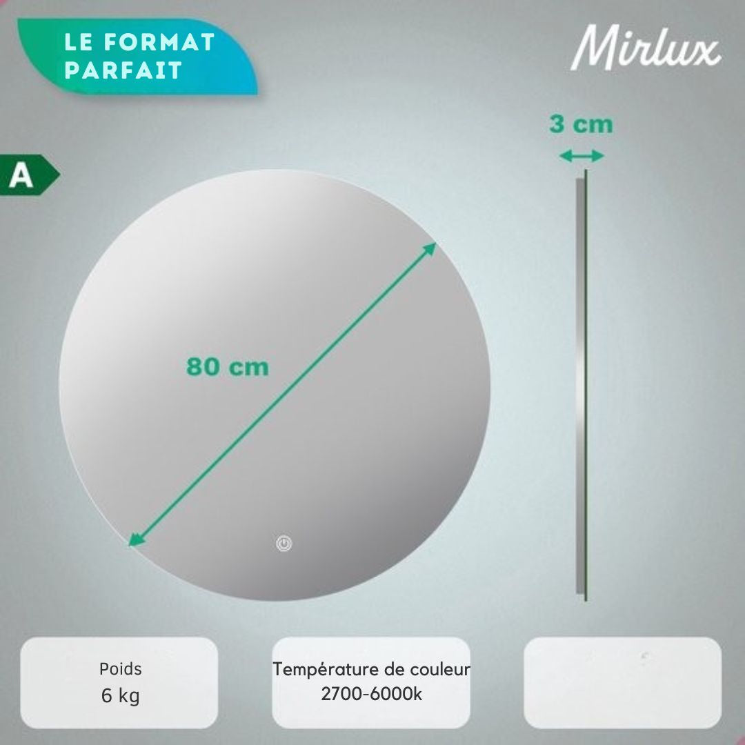 Miroir de salle de bain - Mirlux - avec éclairage LED et chauffage - rond - anti-condensation - 80CM
