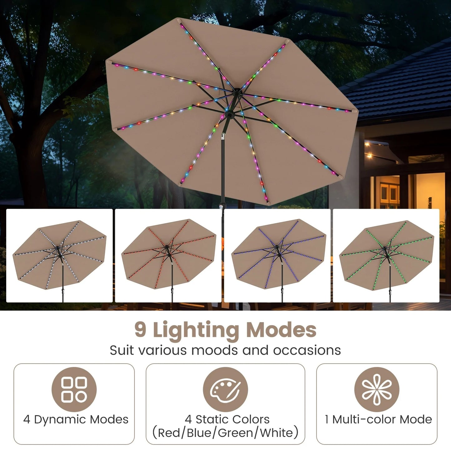 Parasol Coast avec éclairage LED à énergie solaire – Doté de neuf modes d'éclairage, d'un système d'inclinaison manuel et d'une poignée rotative pratique – Pour le jardin et la terrasse – Polyester beige et métal – 290 cm de largeur et 247 cm de hauteur