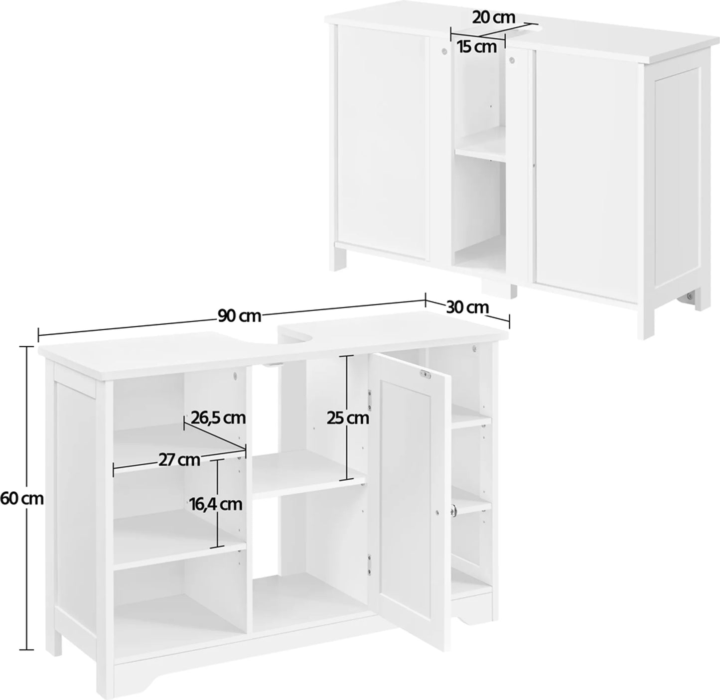 Yaheetech Meuble lavabo avec étagères réglables - équipé d'une niche pour siphon, de compartiments latéraux ouverts et d'une porte de placard - pour salle de bains et toilettes - Mdf blanc - 90 x 30 x 60 cm