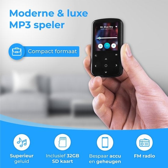 Nuvance - Lecteur MP3 avec écran tactile et Bluetooth - Ecouteurs et carte SD 32GB inclus - avec clip - Enregistreur vocal numérique - avec radio FM - Noir