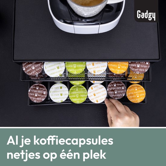 Porte-capsules Gadgy Dolce Gusto à 2 tiroirs - Porte-capsules avec tiroir - Porte-tasses à café pour 72 capsules - Porte-dosettes - Acier inoxydable - Noir - Antidérapant et amortissant les vibrations
