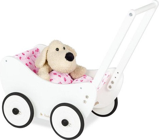 Poussette pour poupées en bois Pinolino « Trixi » - Adorable berceau durable – En hêtre massif avec couette « Cœurs » - blanc