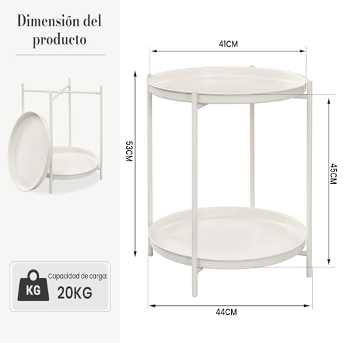 Table d'appoint ronde Woltu avec 2 étagères amovibles - Métal, Crème - Ø44 cm, Hauteur 57 cm