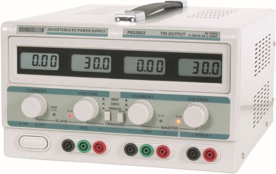 Velleman Alimentation de laboratoire, réglable, 2 x 0-30 VDC/0-3 A, + 5 VDC fixe/3 A, limitation de courant, protection contre les courts-circuits, 4 écrans LCD, gris