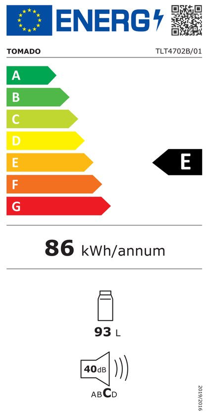 Tomado TLT4702B - Réfrigérateur de table - 93 litres - 3 étagères - Etiquette énergie E - Noir