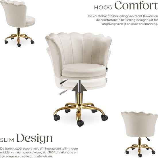 tectake® Chaise de bureau - Chaise pivotante réglable en hauteur avec revêtement en velours - Coque ergonomique - Chaise à roulettes - Chaise de salle à manger sur roulettes - Pivotant à 360° - Chaise de bureau - Blanc