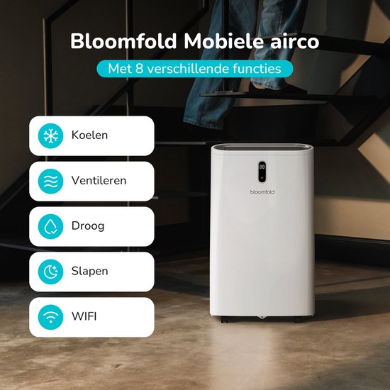 Bloomfold Mobile Air Conditioner - 12,000 BTU - 4-in-1 - Air conditionné avec kits d'étanchéité pour fenêtres - Chambre à coucher - Salon - refroidir jusqu'à 35m² - Mode Wifi & App