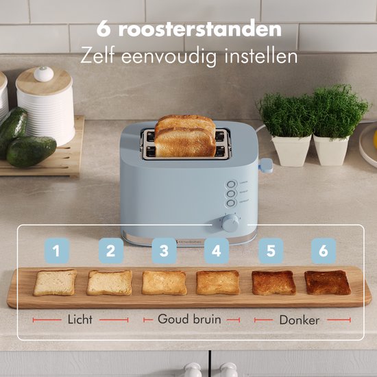 KitchenBrothers Toaster - Grille-pain - 6 niveaux de chaleur réglables - 2 fentes extra-larges - 870W - Bleu pastel