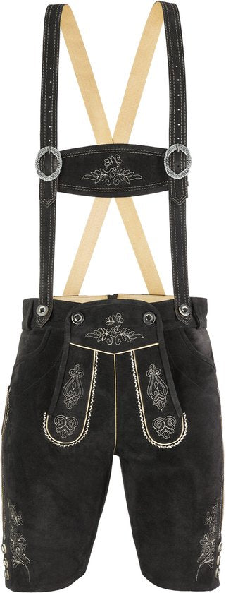 dressforfun - Authentique Lederhosen courte Jannis - Avec ceinture et bretelles - Cuir véritable - Noir - 54 - Oktoberfest Dress Man - Costume d'homme - Dress Up - Costume allemand - Robe de carnaval - Gilet de costume - Pantalon traditionnel en cuir