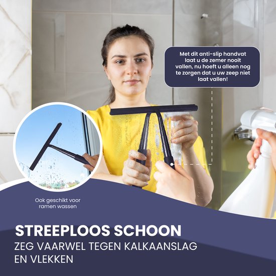 TTD® Essuyeur de douche 2-en-1 avec long manche extensible - 97 cm - Lame d'essuyage en silicone - Ergonomique - Avec chiffon en microfibre et crochet de suspension - Essuyeur de douche - Essuyeur de sol de salle de bains - Raclette de sol - Noir