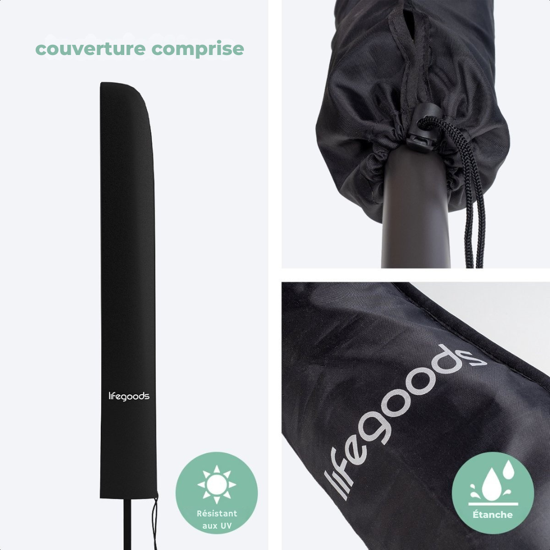 Parasol LifeGoods - Ø270 cm - 30° inclinable - imperméable - avec housse - Taupe