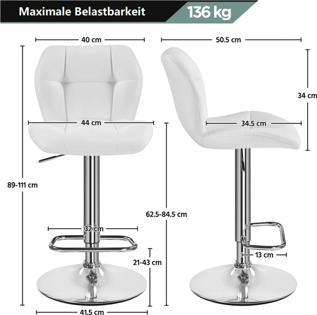 Lot de 2 tabourets de bar Yaheetech - Blanc - Tabourets de bar pivotants à 360° et réglables, avec dossier et repose-pieds