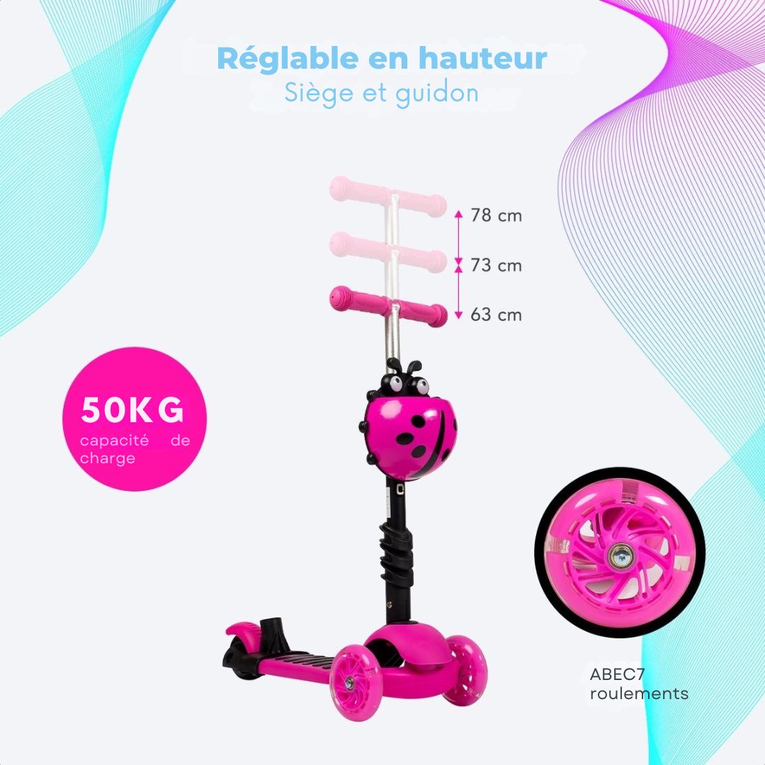 Trottinette enfant LifeGoods - 3 roues lumineuses - 3 -8 ans - Garçons/Filles - Rose