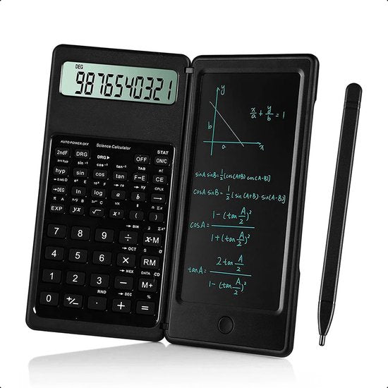 Tech Essentials® Calculatrice scientifique avec bloc-notes numérique et stylo - Noir - Graphique - Grand - Grandes touches - Bureau - École - Étude - Étudiants - Bureau - Écriture - Bloc-notes
