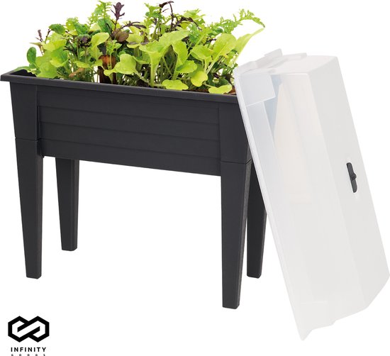 Infinity Goods Kweektafel Op Poten XXL - Kweekbak - Rechthoekig - 75 x 37 x 85 cm - 70L - Kweektuin - Buiten en Binnen - Deksel - Zwart