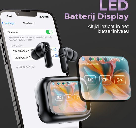 SoundVibe® - Earbuds Wireless With Noice Cancelling - Black - Bluetooth Earphones - Noice Cancelling Headphones - LX-10 Earpods with Screen - Works With Apple And Android - Earpods USB C - Wireless Earphons - Earphones Wireless