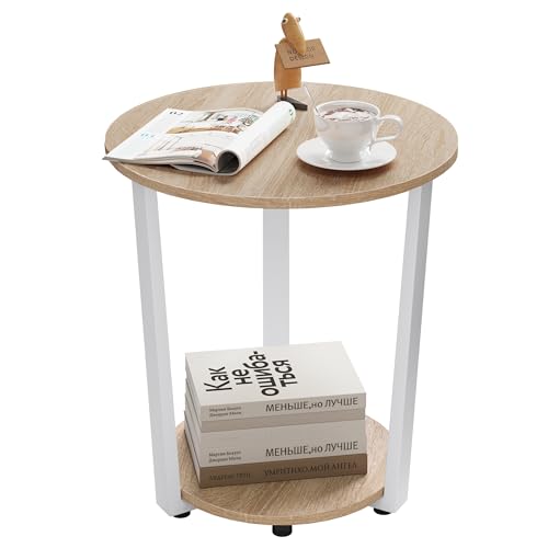 Woltu Round Coffee Table BTS13hei - Light Oak - 50x53x50 cm - With 2 Storage Racks - Stable Metal Frame - Modern and Compact